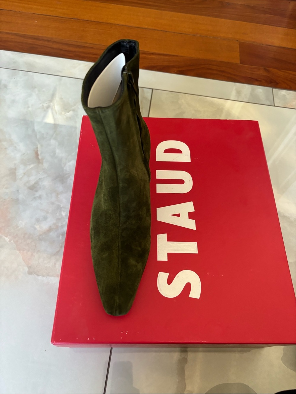Staud Olive Green Wally Suede Pointed Toe Ankle Boot